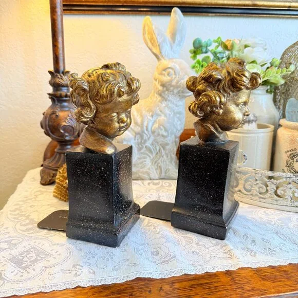 Vintage Borghese Italian Cherub Putti Bookends, Gilt Chalkware Faux Marble Base - Picture 12 of 16